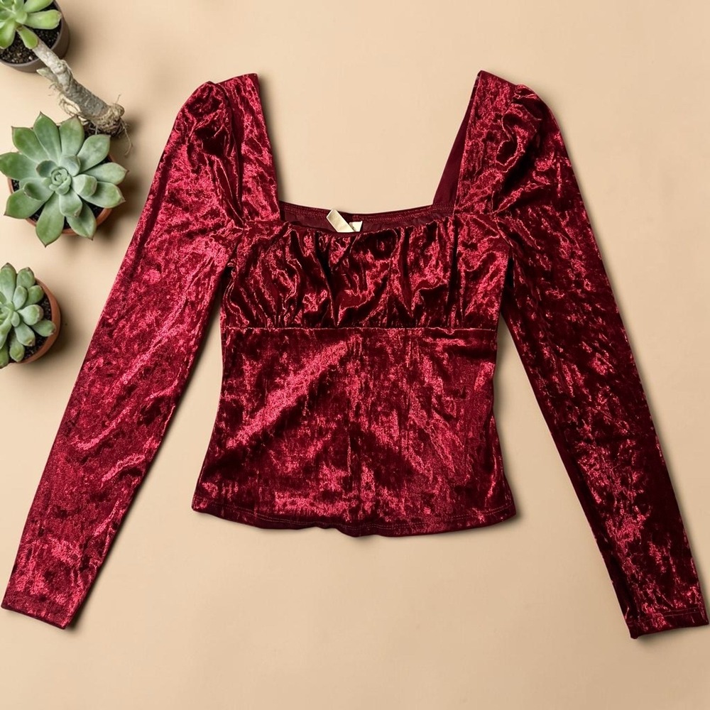Kingston Grey Velvet Blouse‎ Women's junior's Red Ruched Square Neck Top Size XS